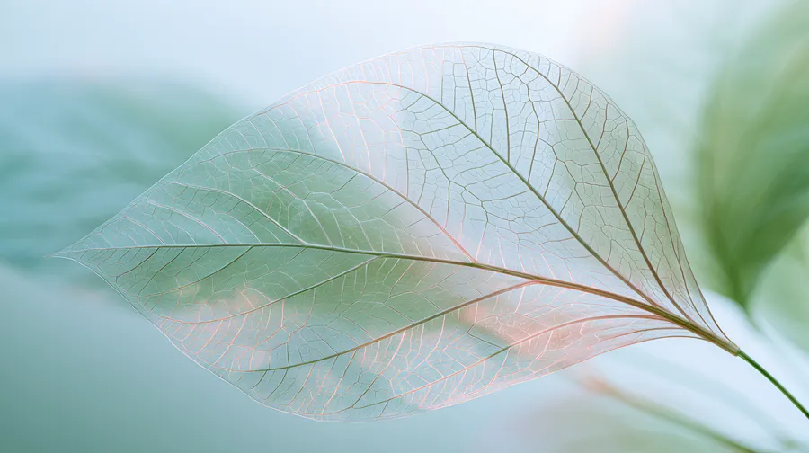 A translucent skeleton leaf in sage and blush